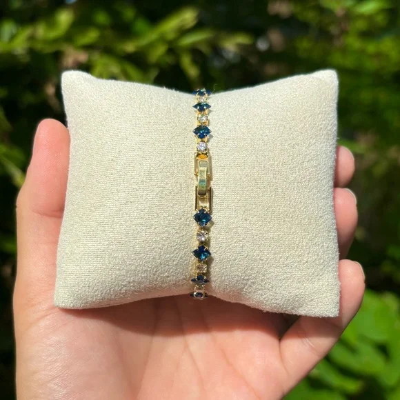 18K Gold Plated Stainless Steel Sapphire Blue & White Diamond Tennis Bracelet - Picture 5 of 5